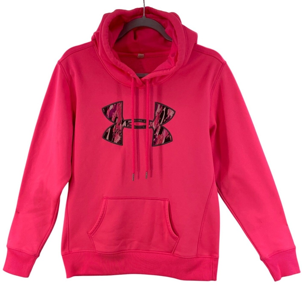 Under Armour Hoodie Womens M Pink Camo Logo Pullover Fleece Activewear